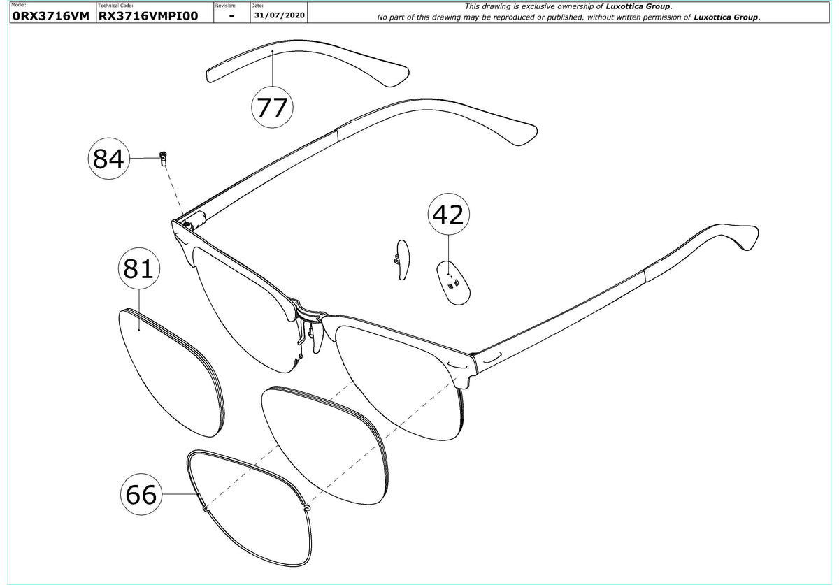 Exploded technical drawing of the Ray-Ban Clubmaster Metal RX3716VM Glasses Replacement Parts, with each replacement part numbered