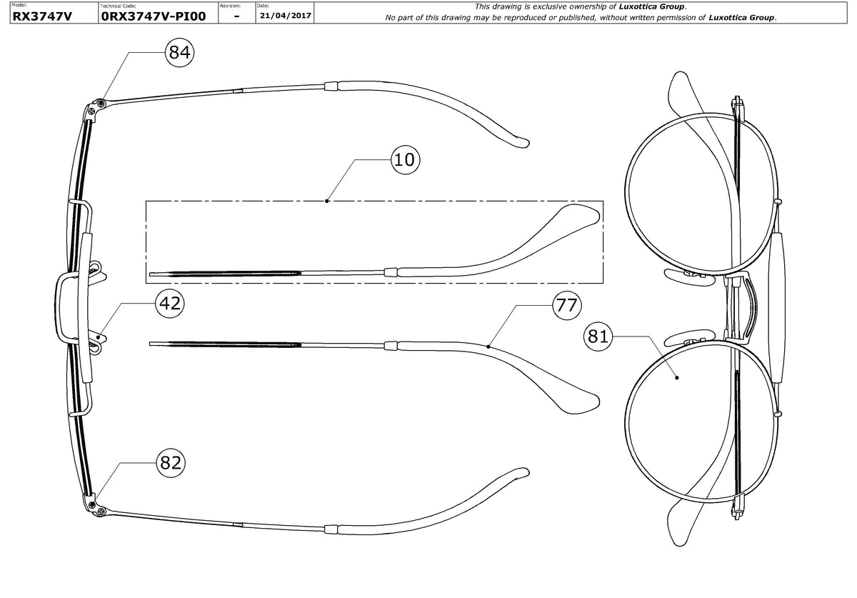 Enlarged technical drawing of the Ray-Ban RX3747V Glasses Replacement Parts
