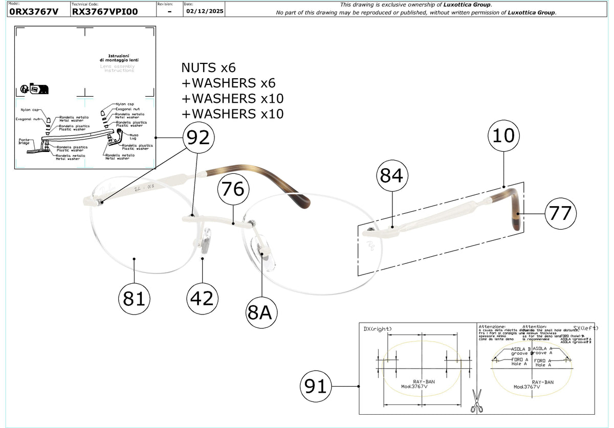 Enlarged technical drawing of the Ray-Ban RX3767V Glasses Replacement Parts