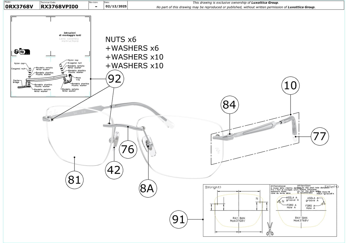 Enlarged technical drawing of the Ray-Ban RX3768V Glasses Replacement Parts