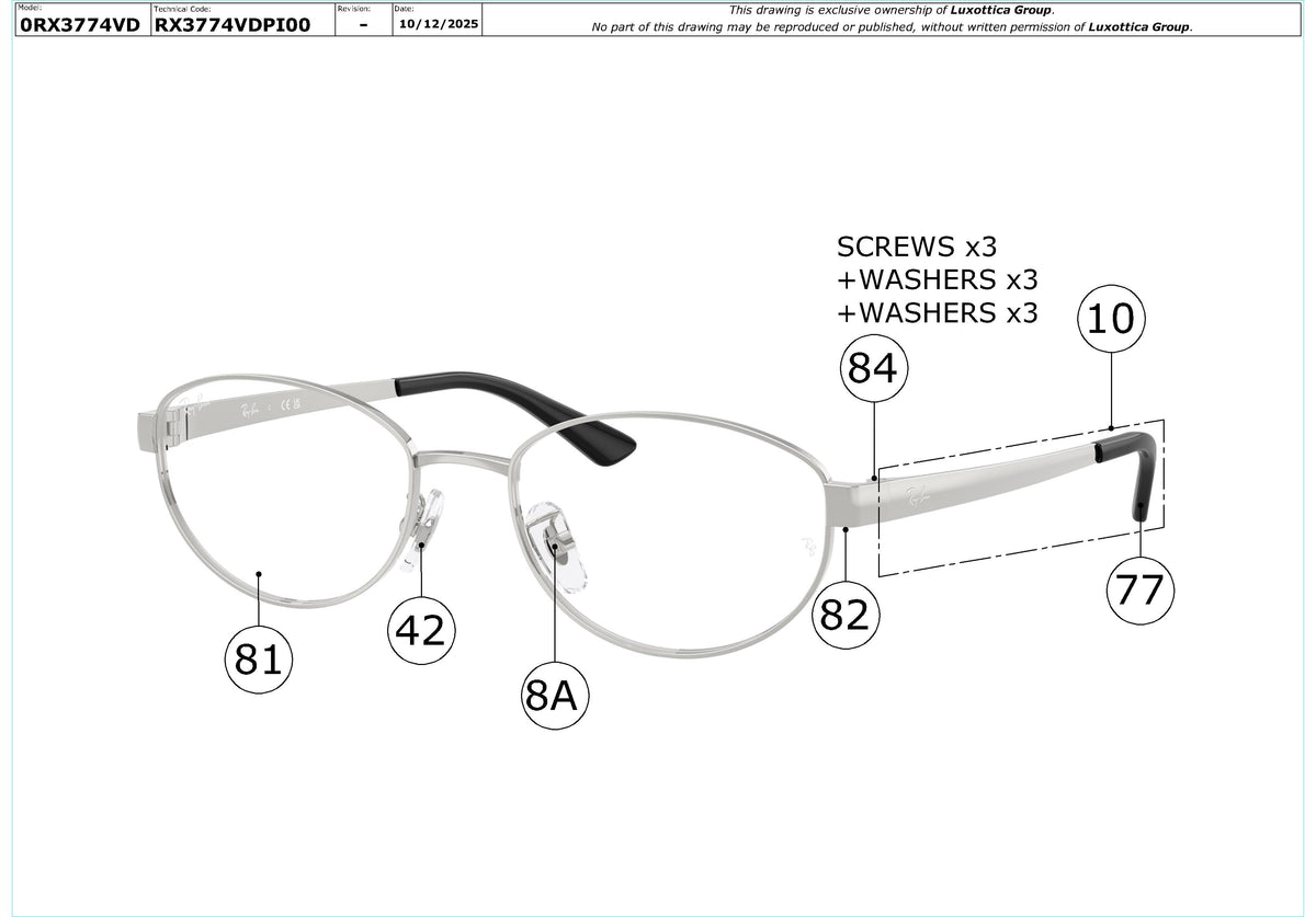 Exploded technical drawing of the Ray-Ban RX3774VD Glasses Replacement Parts, with each replacement part numbered