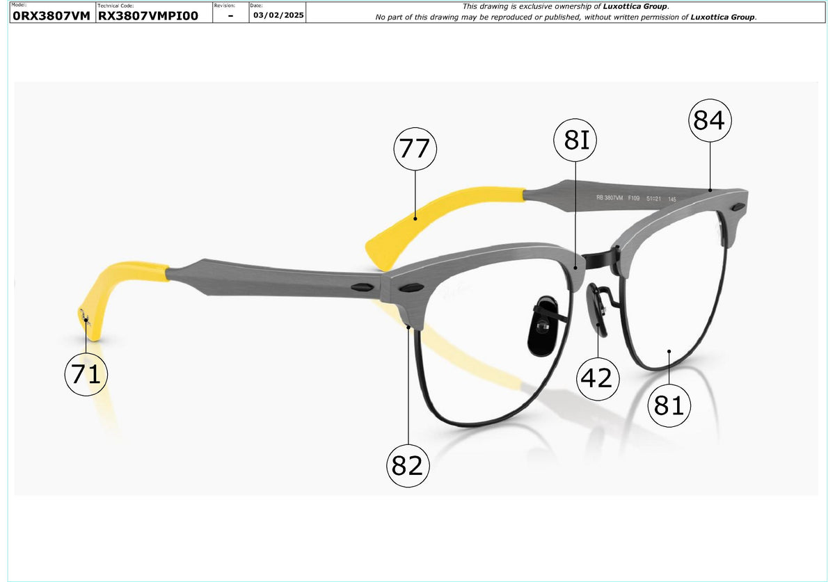 Enlarged technical drawing of the Ray-Ban RX3807VM Glasses Replacement Parts