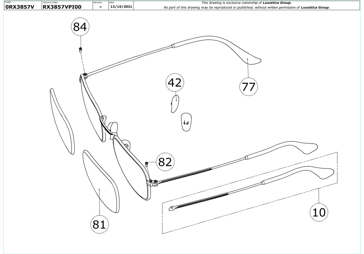 Exploded technical drawing of the Ray-Ban Frank RX3857V Glasses Replacement Parts, with each replacement part numbered
