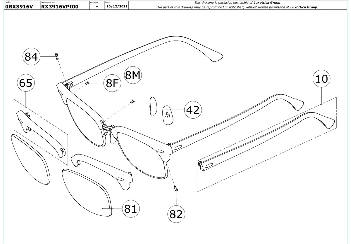 Enlarged technical drawing of the Ray-Ban Clubmaster Square RX3916V Glasses Replacement Parts