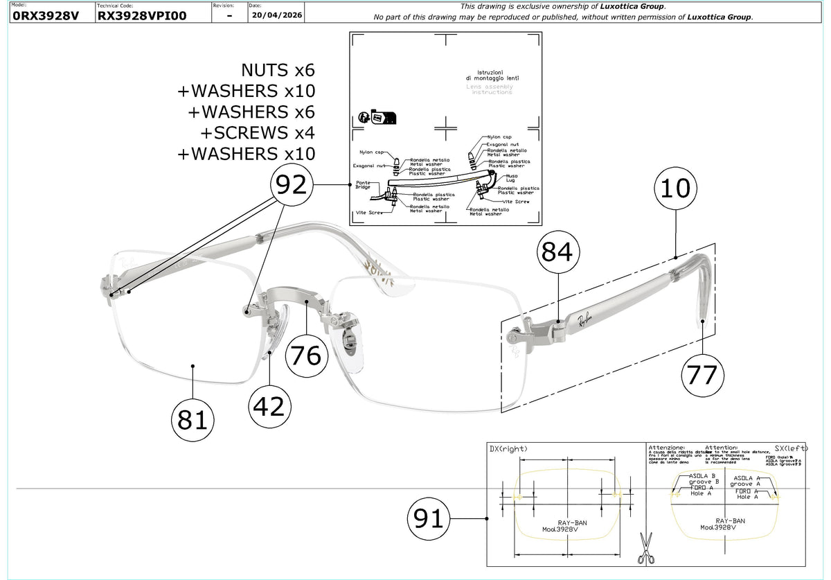 Enlarged technical drawing of the Ray-Ban RX3928V Glasses Replacement Parts