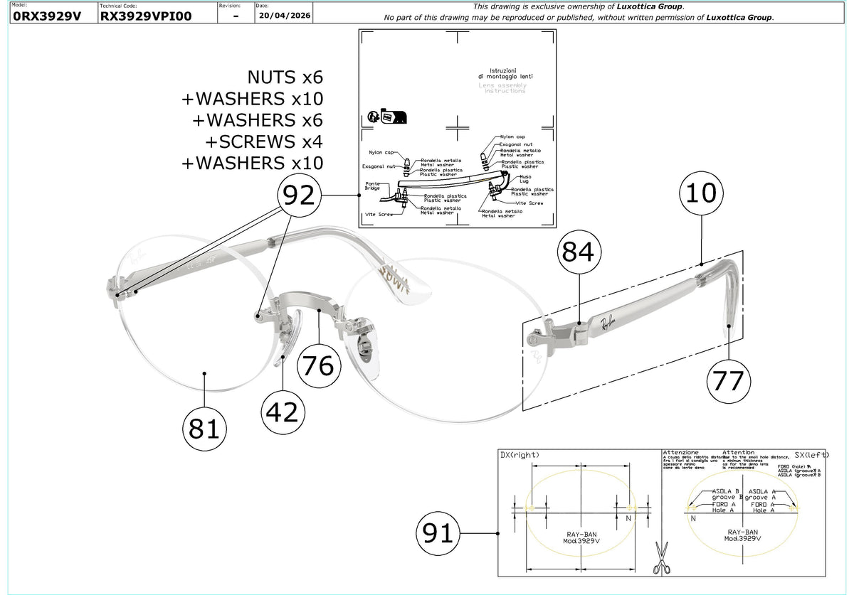 Exploded technical drawing of the Ray-Ban RX3929V Glasses Replacement Parts, with each replacement part numbered