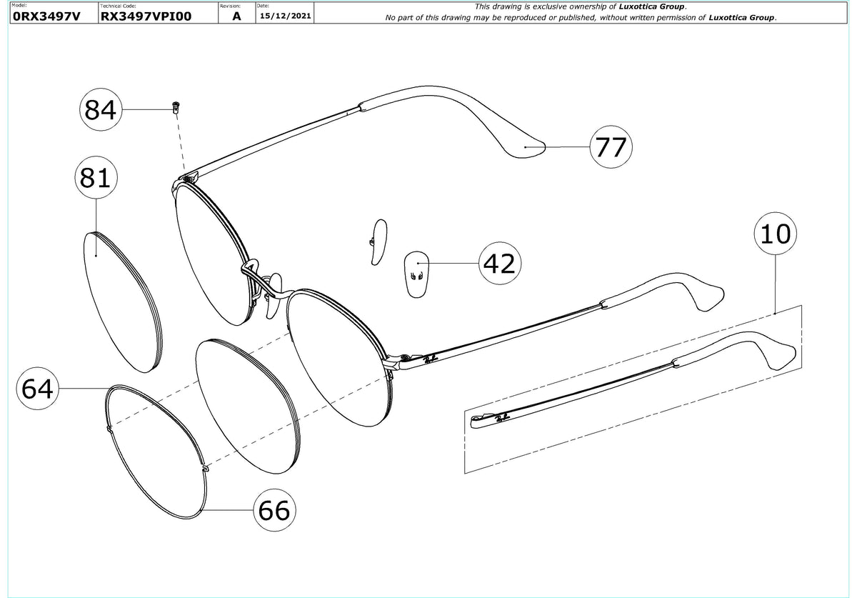 Exploded technical drawing of the Ray-Ban Round Gaze RX3947V Glasses Replacement Parts, with each replacement part numbered