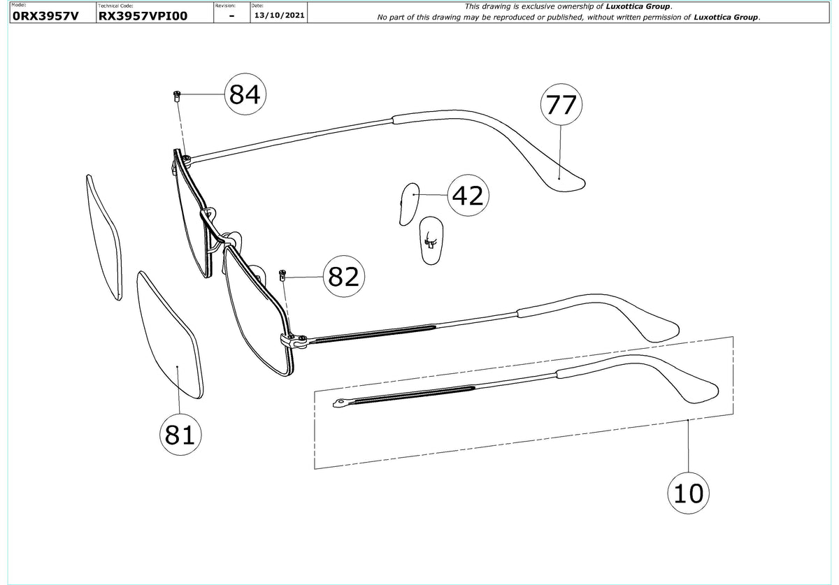 Enlarged technical drawing of the Ray-Ban Julie RX3957V Glasses Replacement Parts