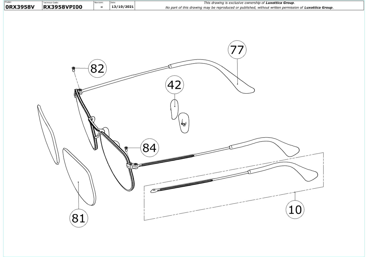 Enlarged technical drawing of the Ray-Ban Elon RX3958V Glasses Replacement Parts