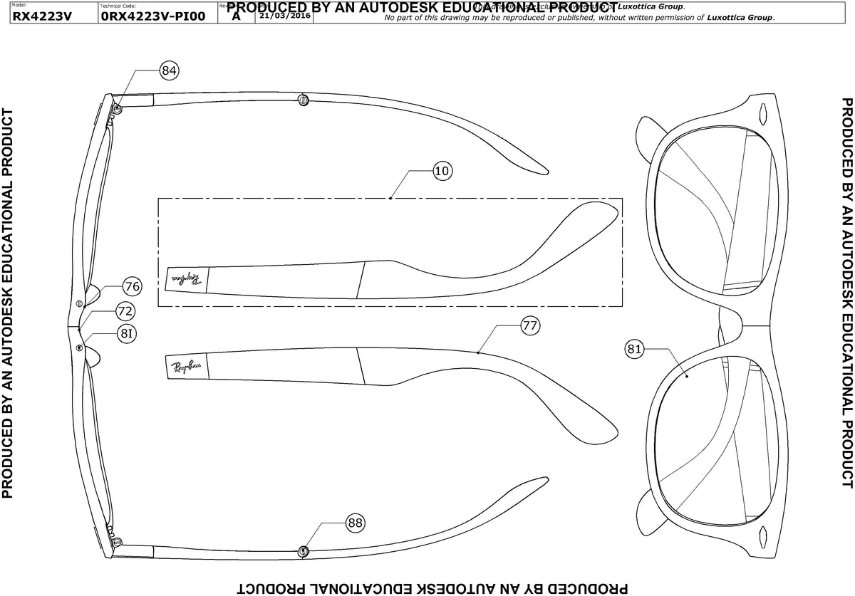 Enlarged technical drawing of the Ray-Ban Folding RX4223V Glasses Replacement Parts