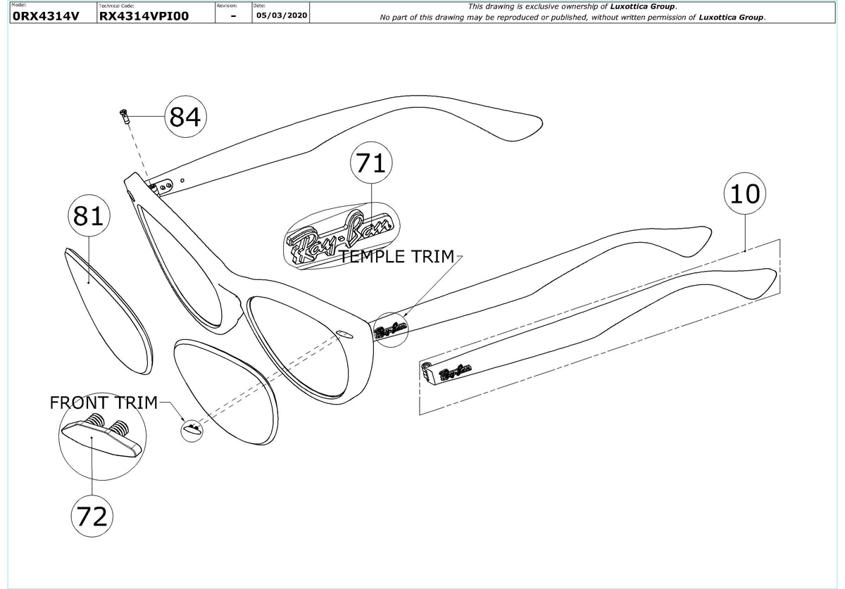Enlarged technical drawing of the Ray-Ban Nina RX4314V Glasses Replacement Parts