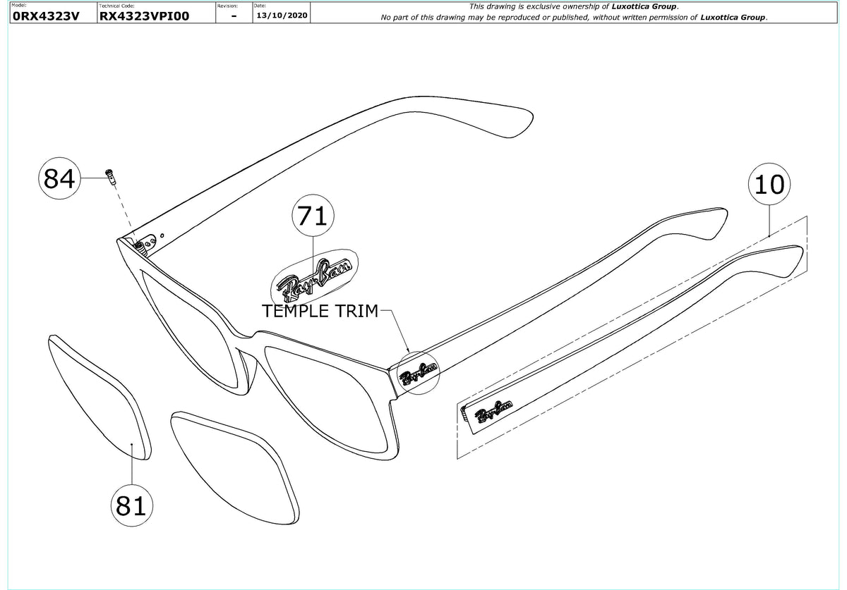 Enlarged technical drawing of the Ray-Ban RX4323V Glasses Replacement Parts