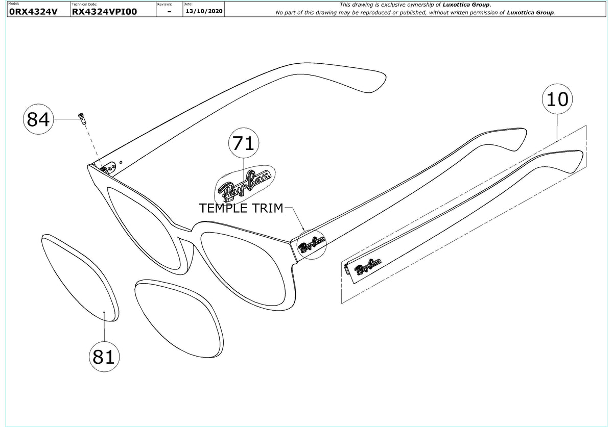Exploded technical drawing of the Ray-Ban RX4324V Glasses Replacement Parts, with each replacement part numbered