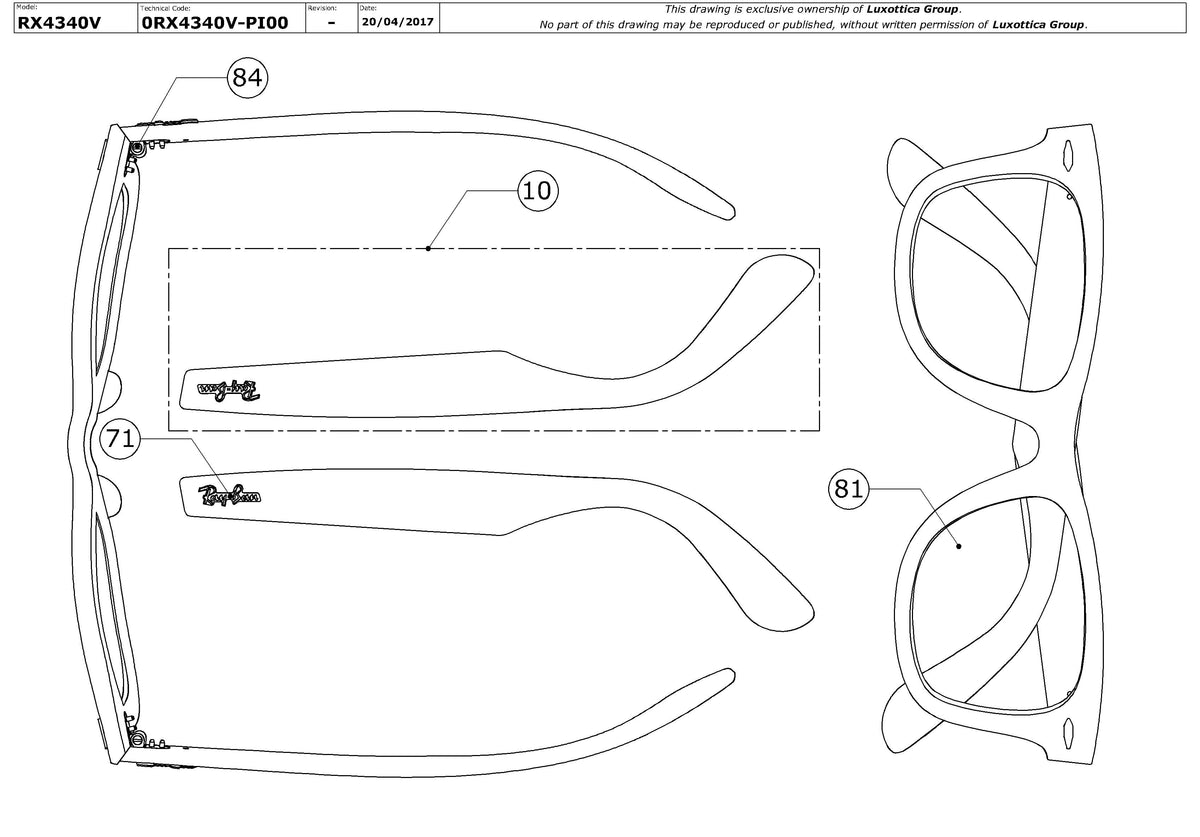 Enlarged technical drawing of the Ray-Ban Wayfarer Ease RX4340V Glasses Replacement Parts