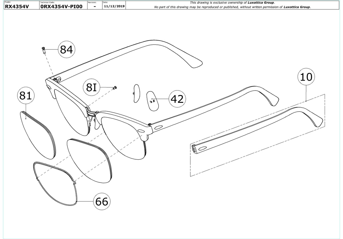Exploded technical drawing of the Ray-Ban RX4354V Glasses Replacement Parts, with each replacement part numbered