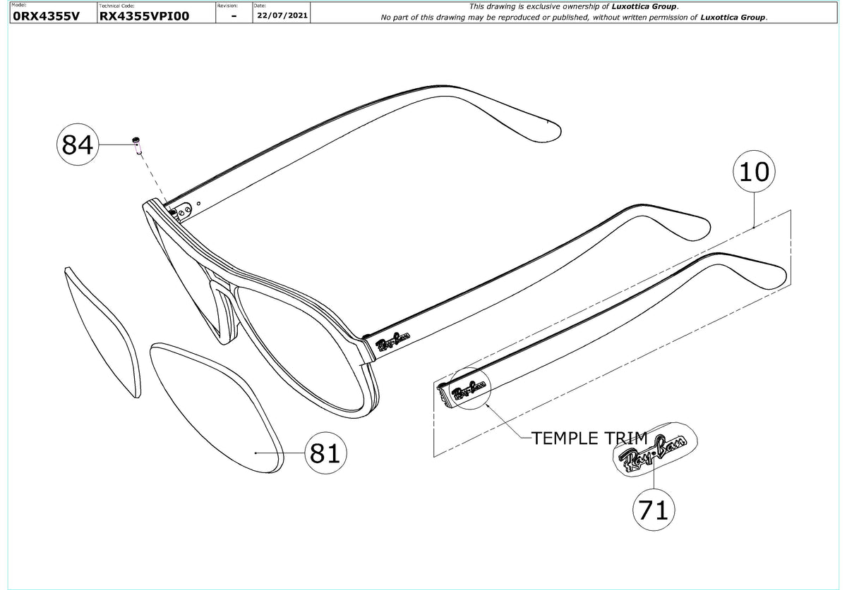 Enlarged technical drawing of the Ray-Ban Vagabond RX4355V Glasses Replacement Parts