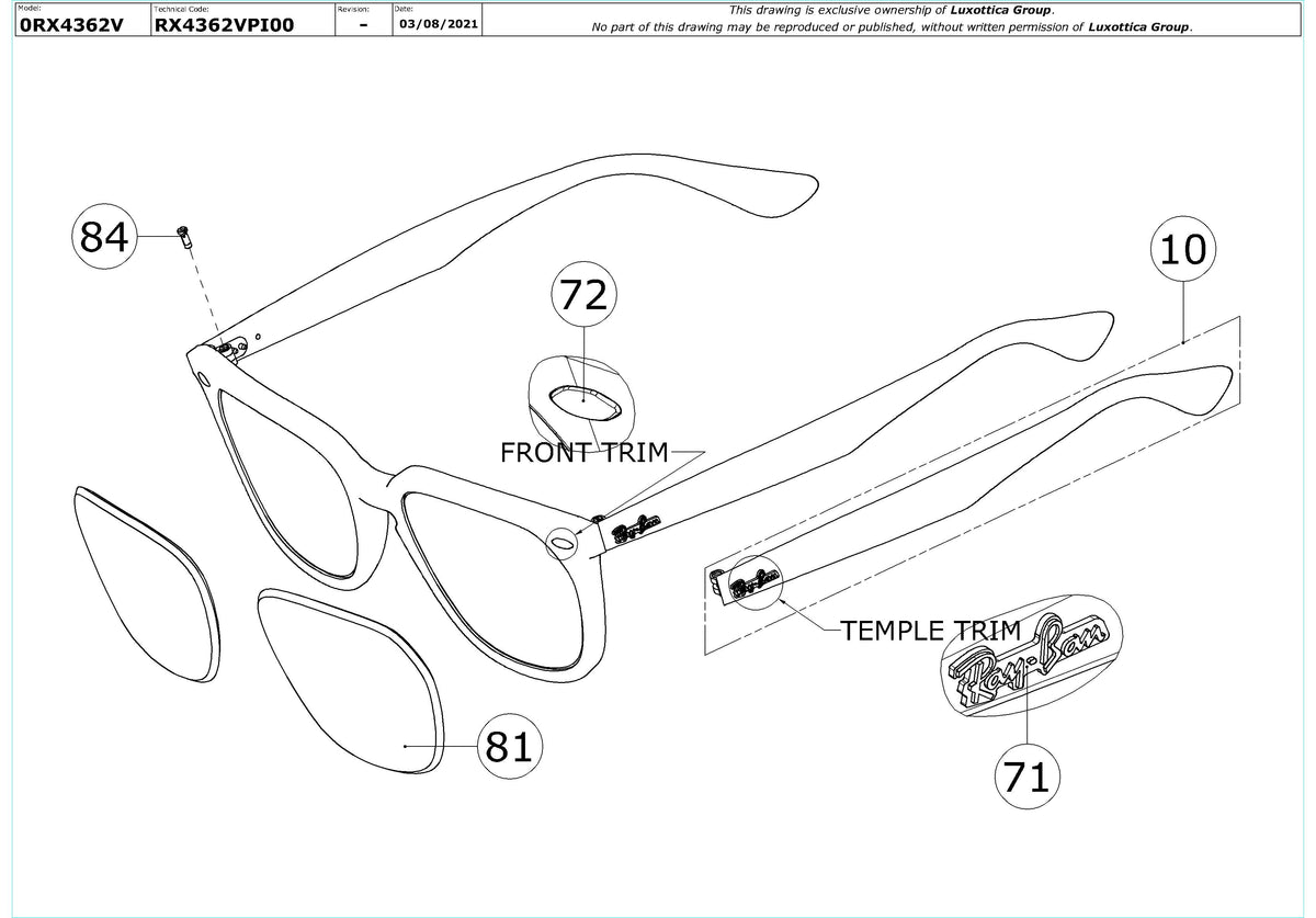 Enlarged technical drawing of the Ray-Ban RX4362V Glasses Replacement Parts