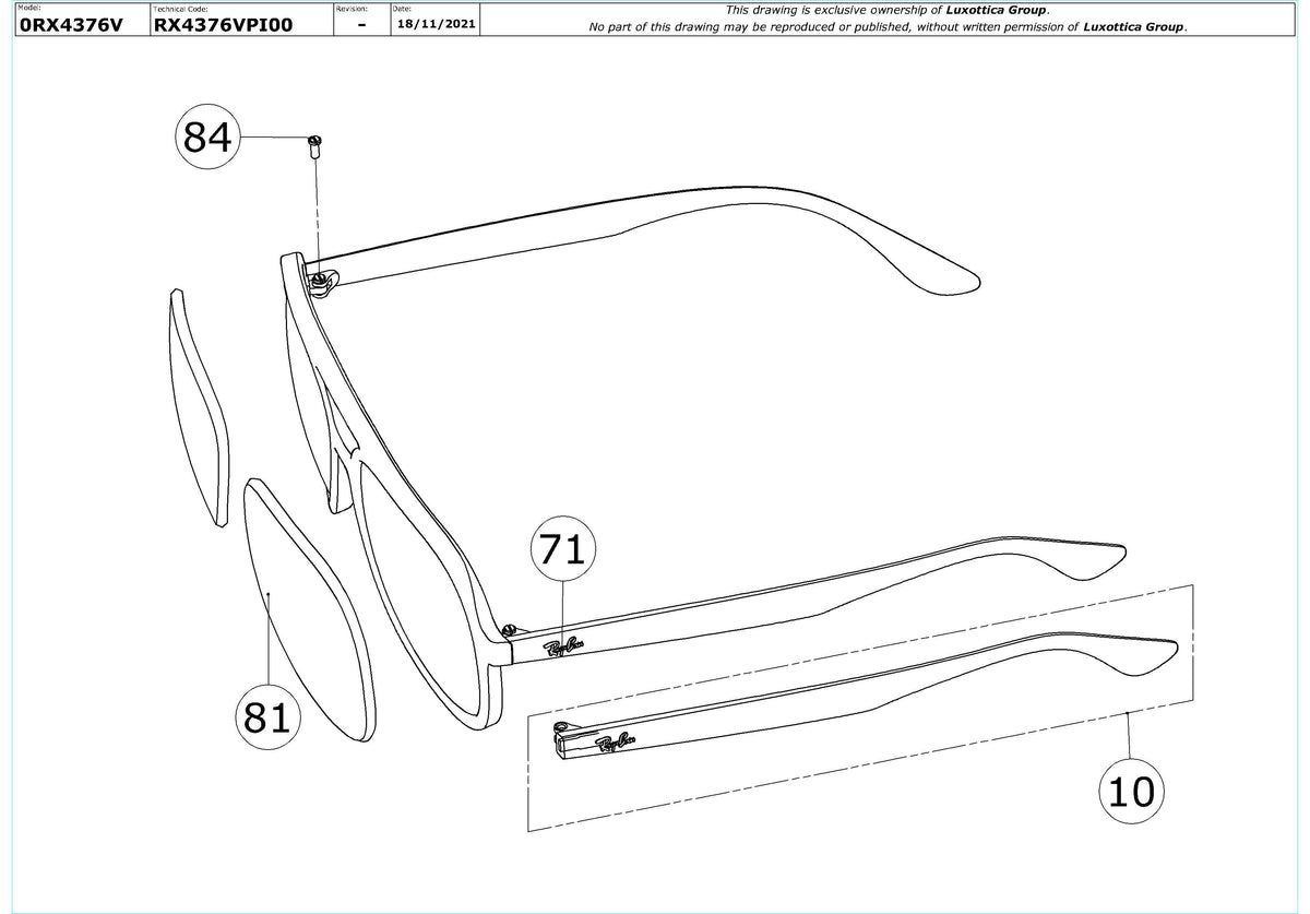 Enlarged technical drawing of the Ray-Ban RX4376V Glasses Replacement Parts