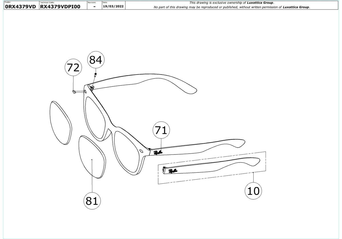 Enlarged technical drawing of the Ray-Ban RX4379VD Glasses Replacement Parts