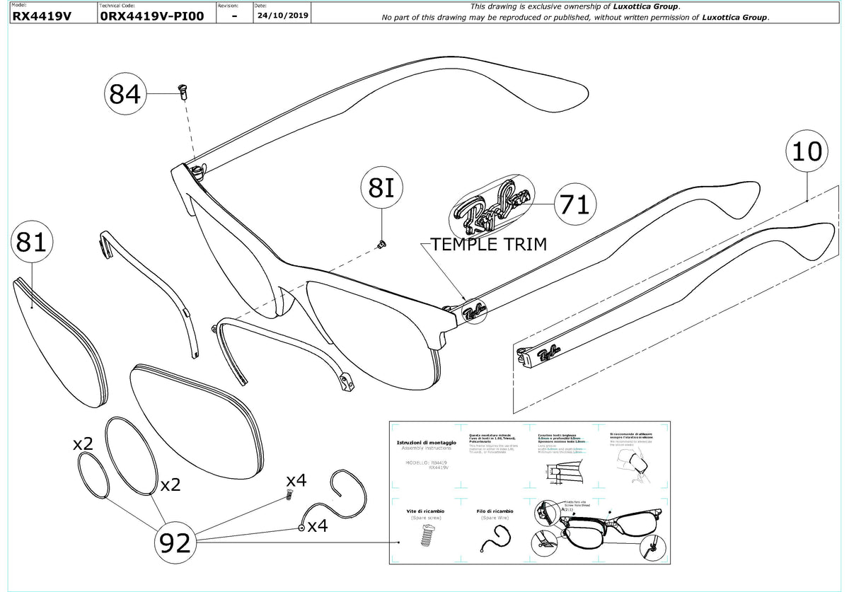 Enlarged technical drawing of the Ray-Ban RX4419V Glasses Replacement Parts