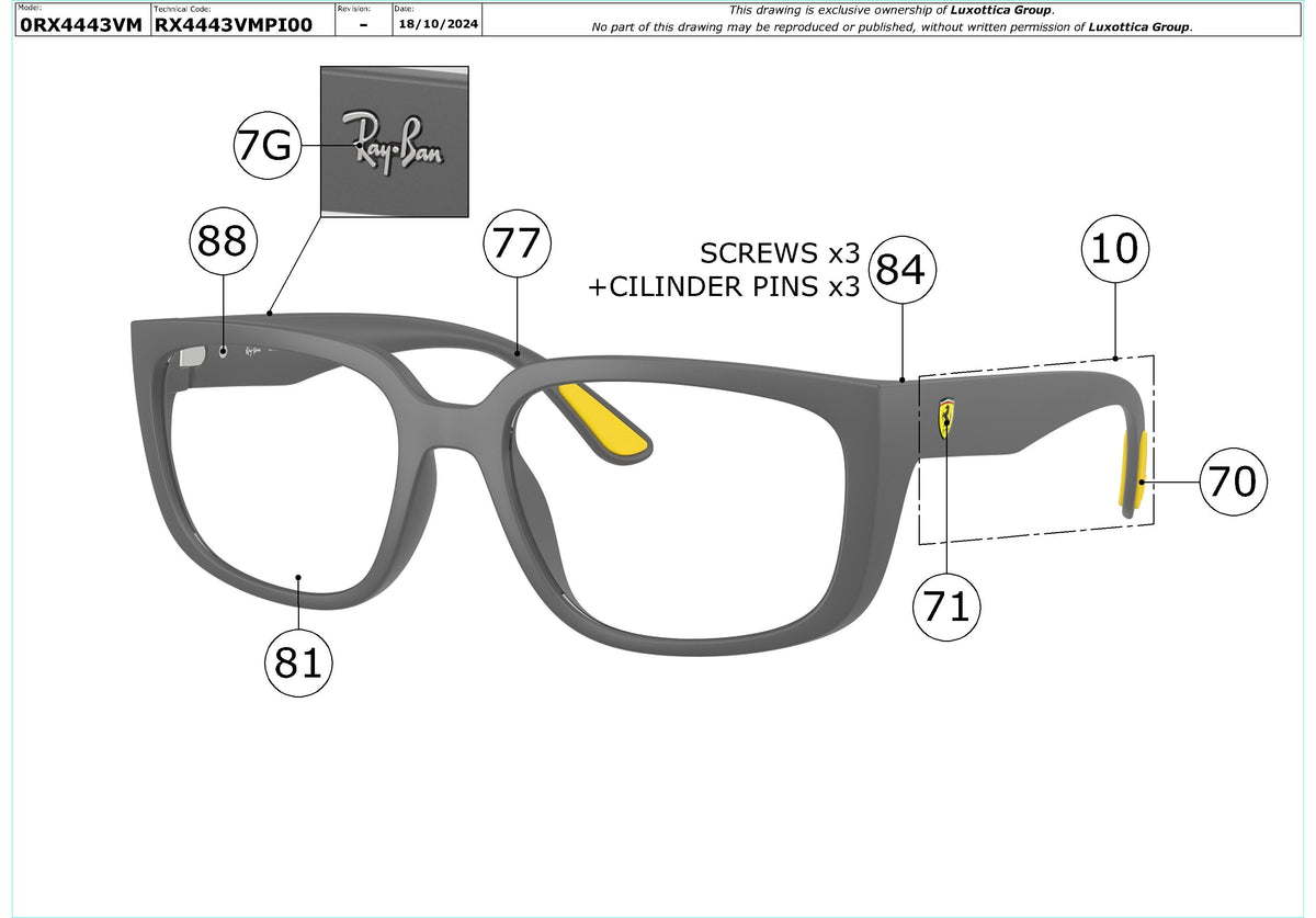 Exploded technical drawing of the Ray-Ban RX4443VM Glasses Replacement Parts, with each replacement part numbered