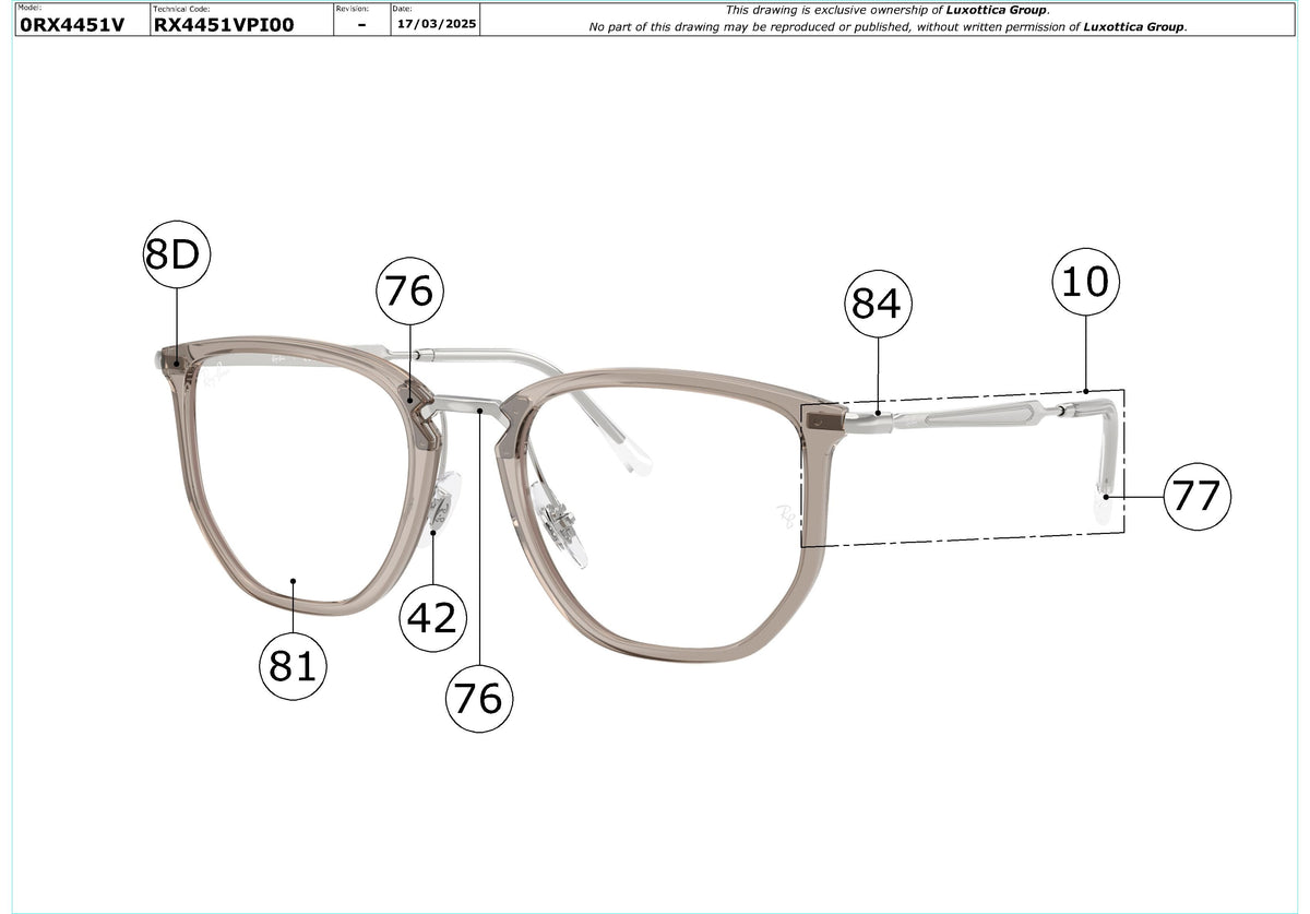 Enlarged technical drawing of the Ray-Ban RX4451V Glasses Replacement Parts