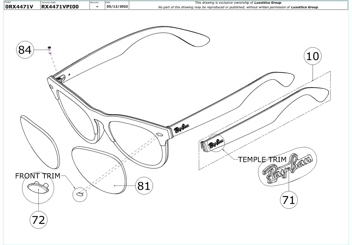 Enlarged technical drawing of the Ray-Ban Iris RX4471V Glasses Replacement Parts