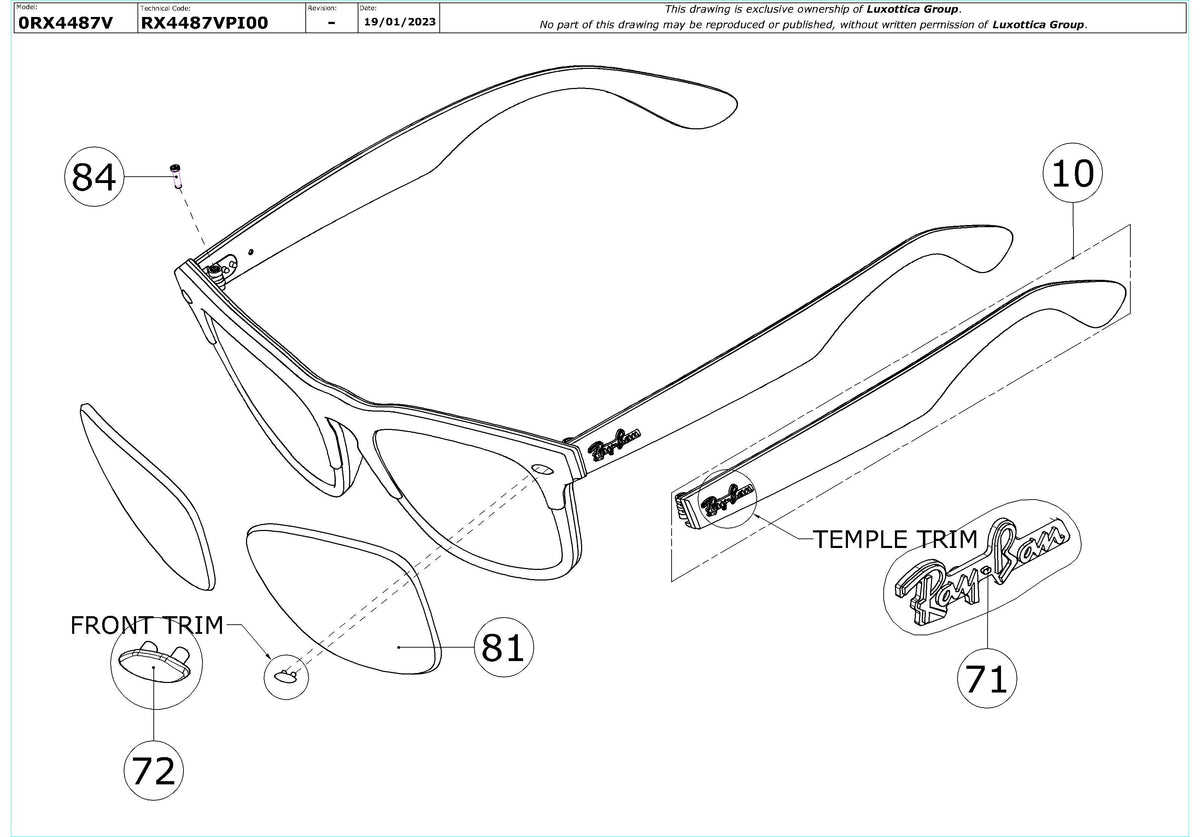Enlarged technical drawing of the Ray-Ban Steve RX4487V Glasses Replacement Parts