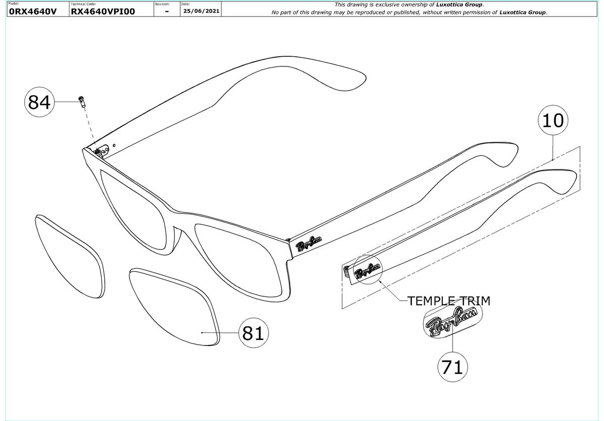 Enlarged technical drawing of the Ray-Ban RX4640V Glasses Replacement Parts