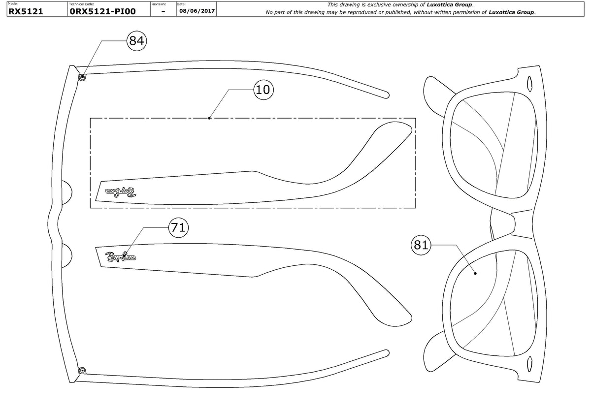 Enlarged technical drawing of the Ray-Ban Wayfarer RX5121 Glasses Replacement Parts