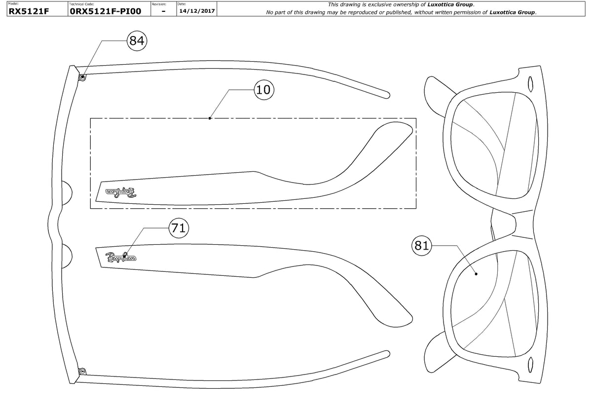Enlarged technical drawing of the Ray-Ban Wayfarer RX5121F Glasses Replacement Parts
