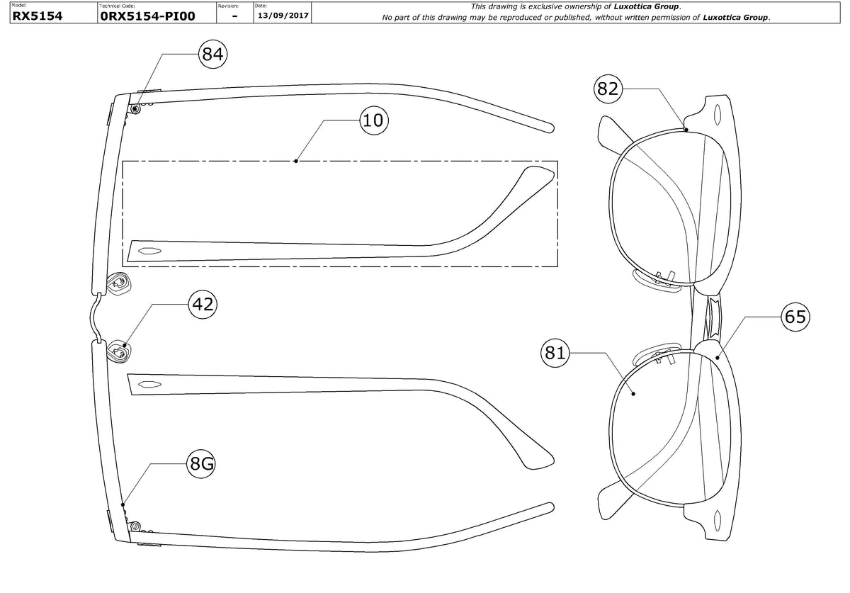 Enlarged technical drawing of the Ray-Ban Clubmaster RX5154 Glasses Replacement Parts