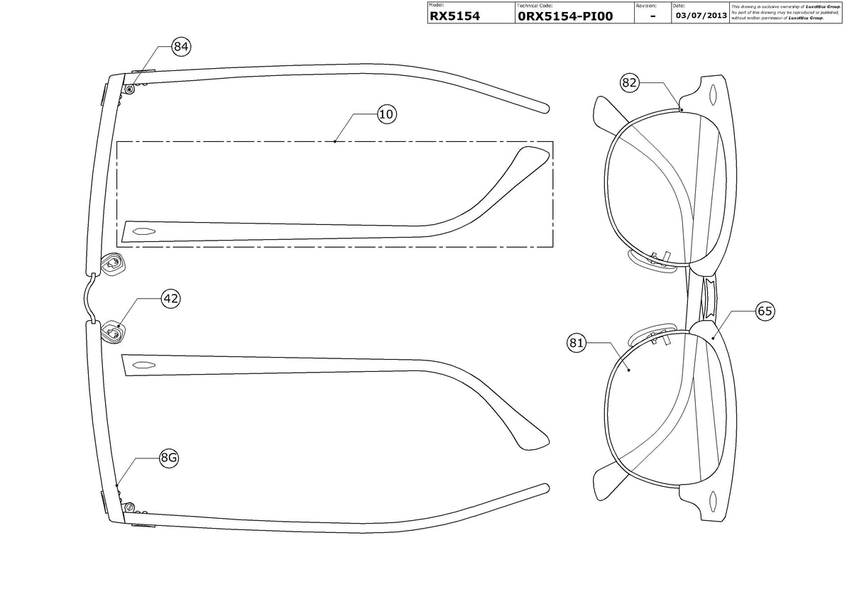Exploded technical drawing of the Ray-Ban Clubmaster RX5154M Glasses Replacement Parts, with each replacement part numbered