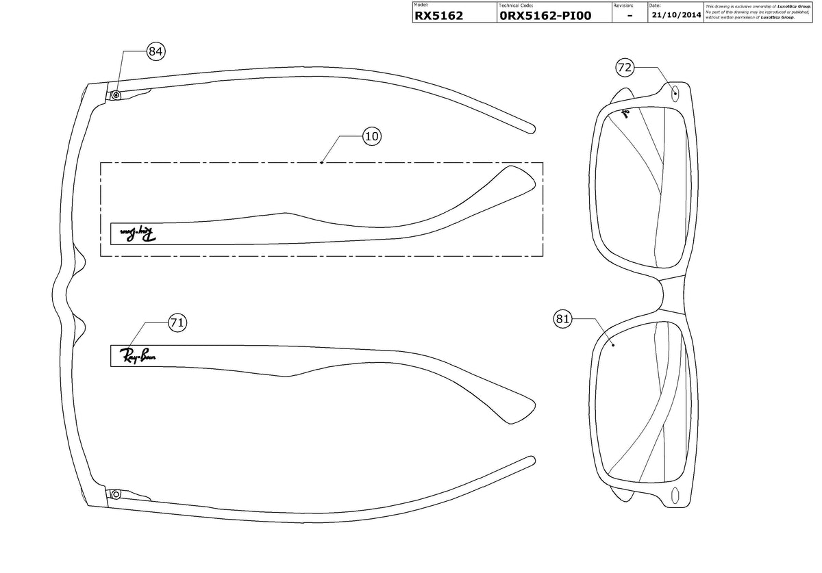 Enlarged technical drawing of the Ray-Ban RX5162 Glasses Replacement Parts