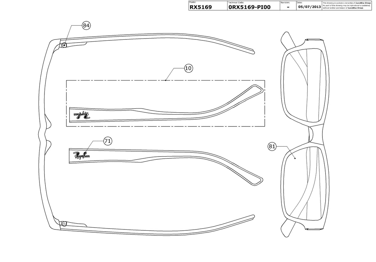 Enlarged technical drawing of the Ray-Ban RX5169 Glasses Replacement Parts