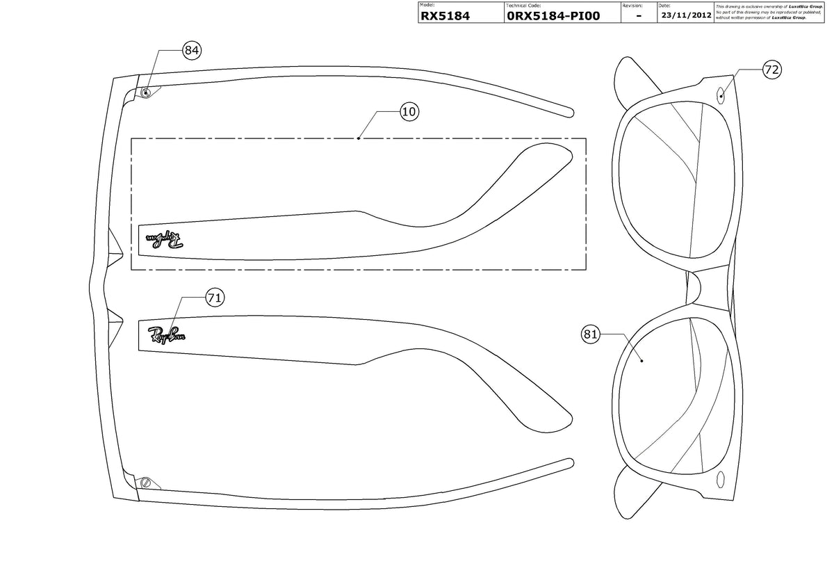 Enlarged technical drawing of the Ray-Ban New Wayfarer RX5184 Glasses Replacement Parts