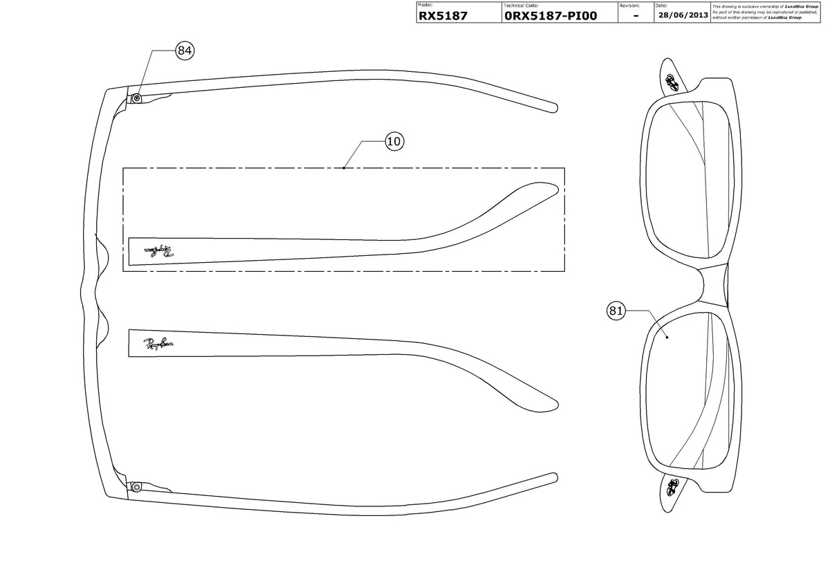 Exploded technical drawing of the Ray-Ban RX5187 Glasses Replacement Parts, with each replacement part numbered