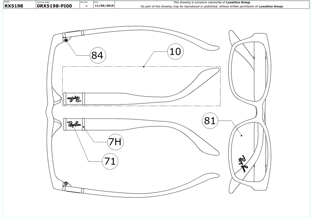 Enlarged technical drawing of the Ray-Ban RX5198 Glasses Replacement Parts
