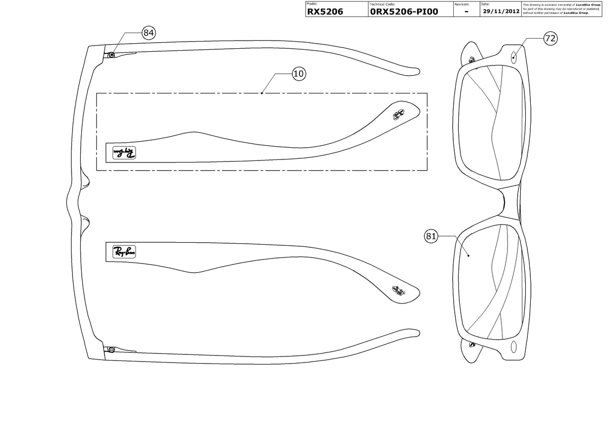 Enlarged technical drawing of the Ray-Ban RX5206 Glasses Replacement Parts