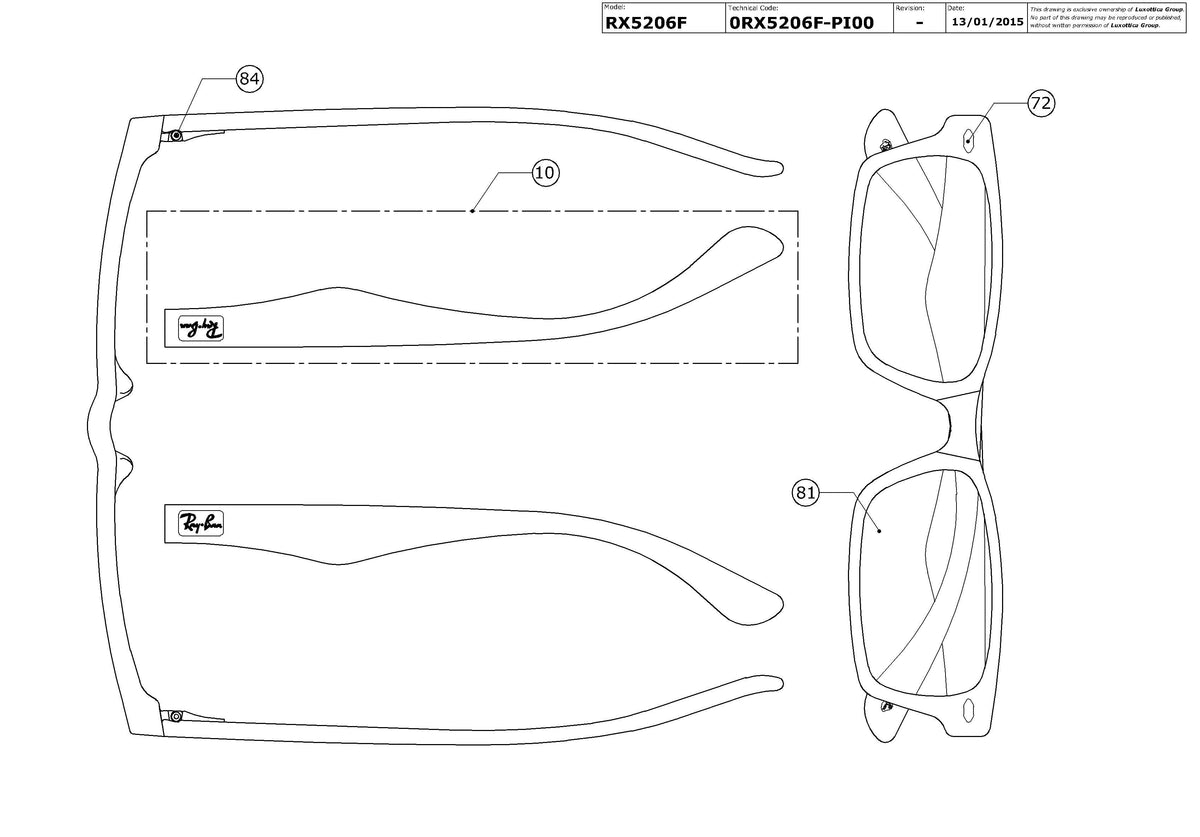 Enlarged technical drawing of the Ray-Ban RX5206F Glasses Replacement Parts