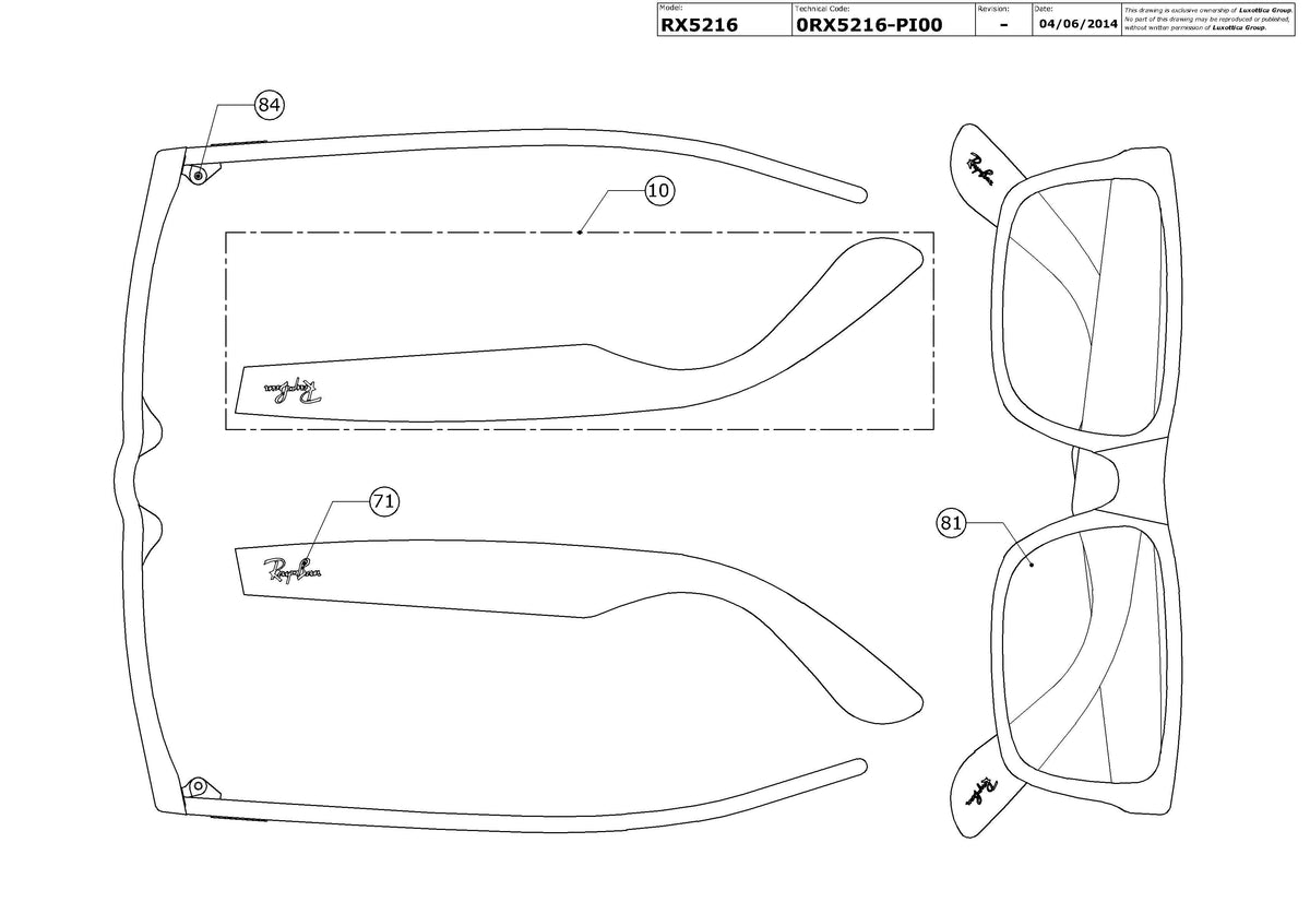 Exploded technical drawing of the Ray-Ban RX5216 Glasses Replacement Parts, with each replacement part numbered