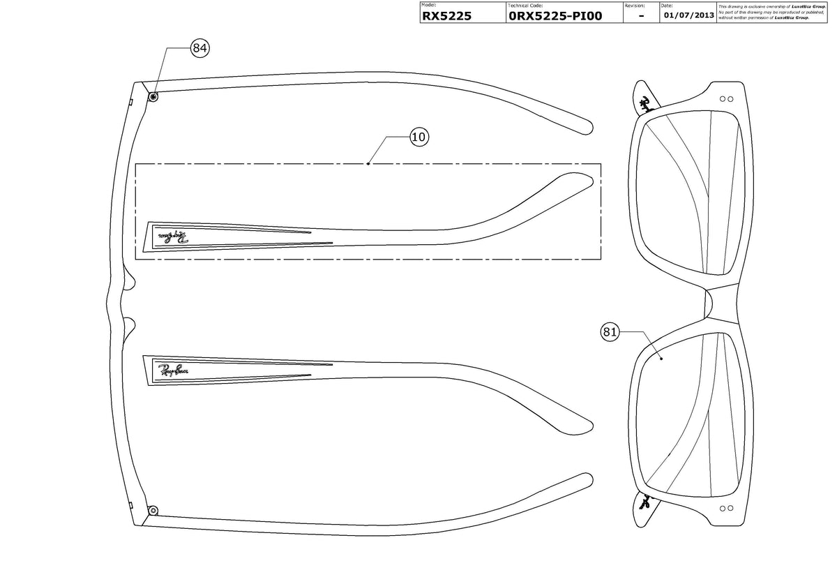 Exploded technical drawing of the Ray-Ban RX5225 Glasses Replacement Parts, with each replacement part numbered