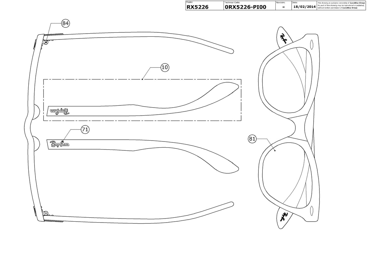 Exploded technical drawing of the Ray-Ban RX5226 Glasses Replacement Parts, with each replacement part numbered