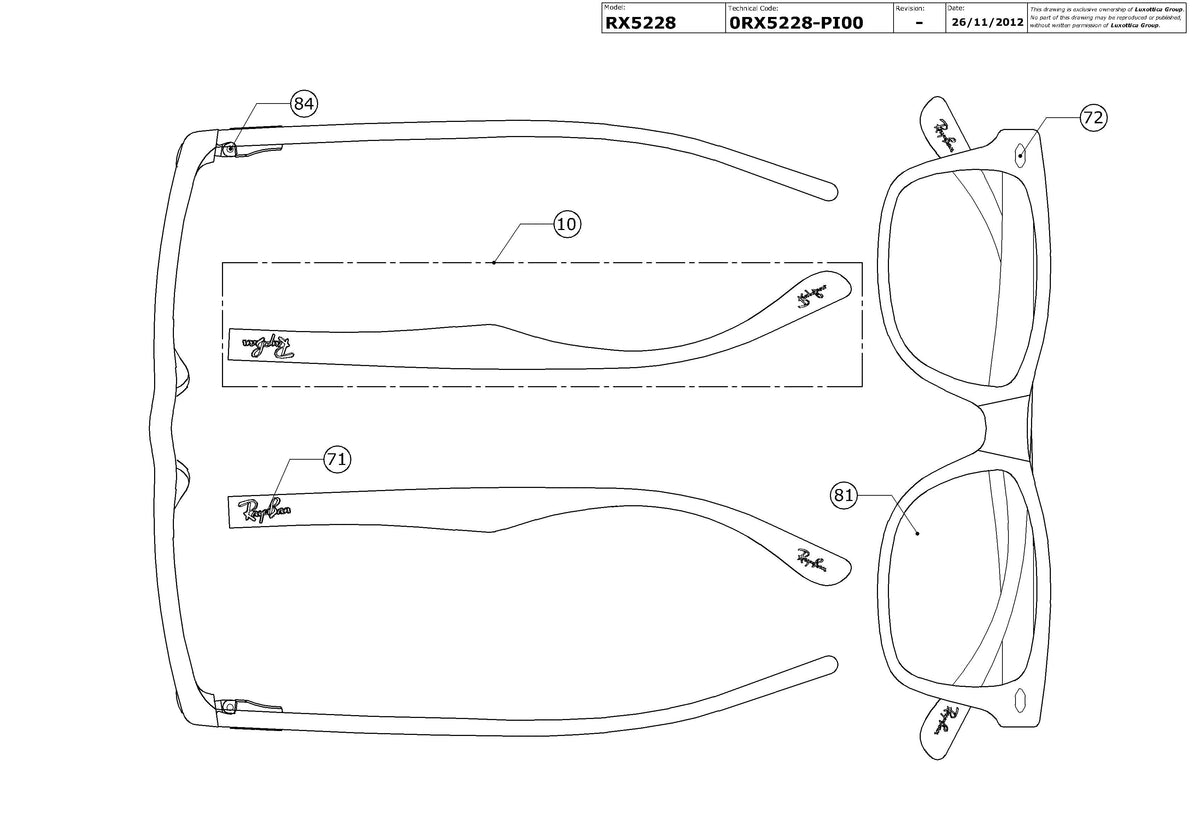 Enlarged technical drawing of the Ray-Ban RX5228 Glasses Replacement Parts