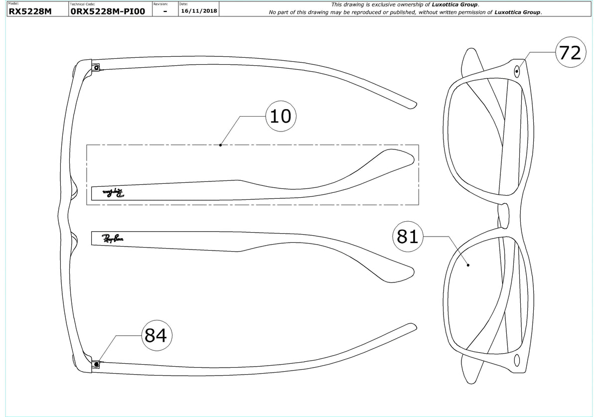 Exploded technical drawing of the Ray-Ban RX5228M Glasses Replacement Parts, with each replacement part numbered