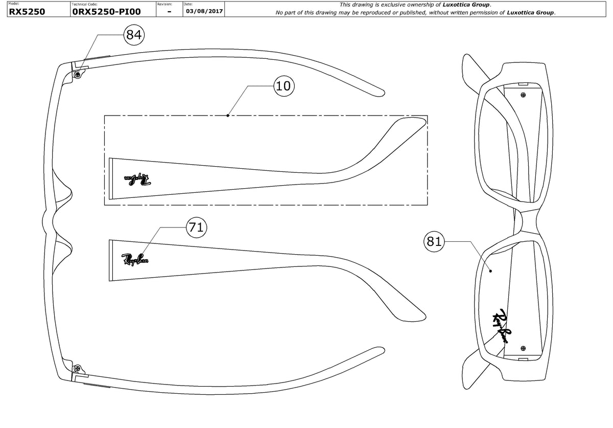 Exploded technical drawing of the Ray-Ban RX5250 Glasses Replacement Parts, with each replacement part numbered