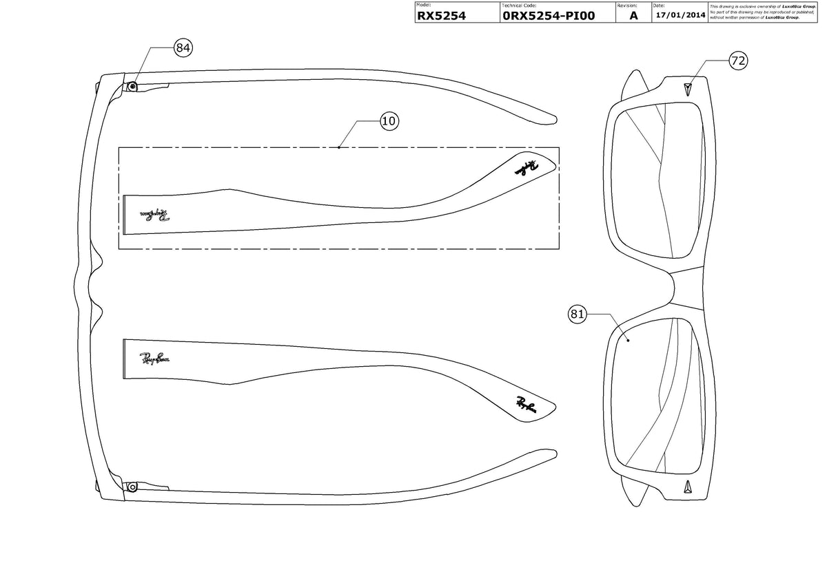Enlarged technical drawing of the Ray-Ban RX5254 Glasses Replacement Parts
