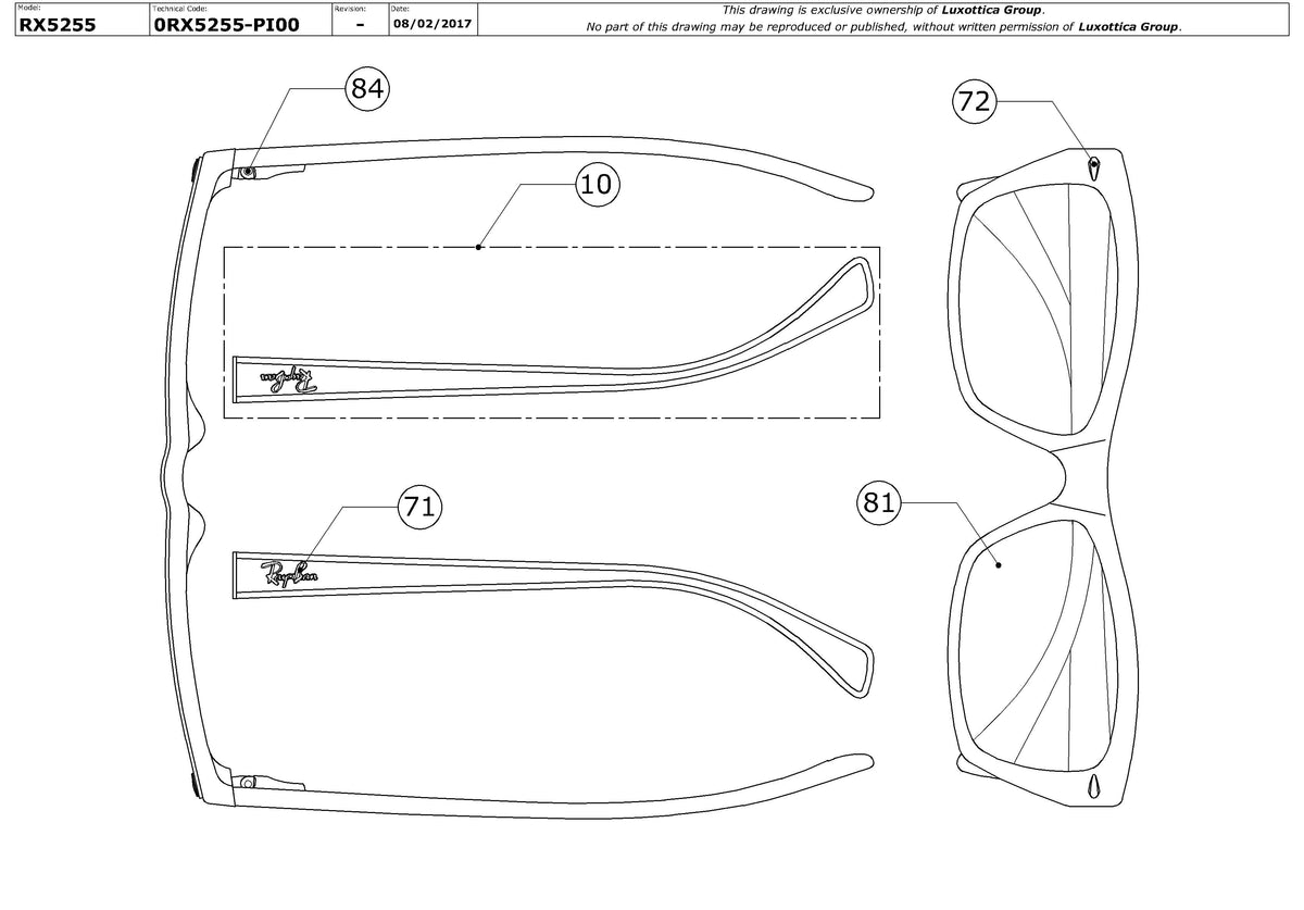 Enlarged technical drawing of the Ray-Ban RX5255 Glasses Replacement Parts