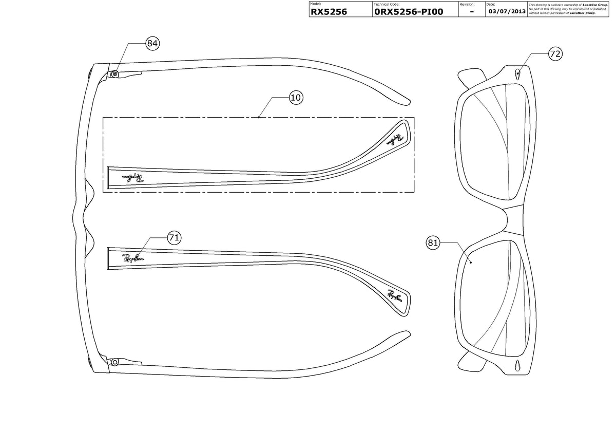 Enlarged technical drawing of the Ray-Ban RX5256 Glasses Replacement Parts