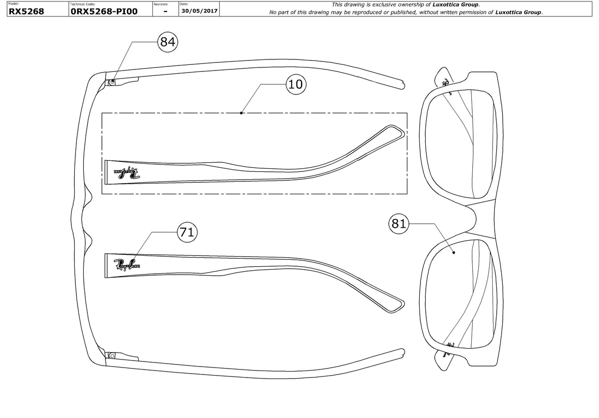 Exploded technical drawing of the Ray-Ban RX5268 Glasses Replacement Parts, with each replacement part numbered